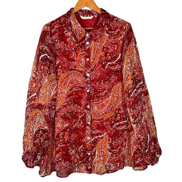 Soft Surroundings Top Plus 2X Cheyla Tunic Red Paisley Crinkle Chiffon Button Up - Picture 1 of 12